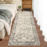 Garvee Washable Runner Rug for Kitchen 2x6 Non Slip Non Shedding Oriental Floral Vintage Long Carpet, Low Pile Distressed Floor Cover, Foldable Printed Mat for Hallway Entryway Bedroom - Beige