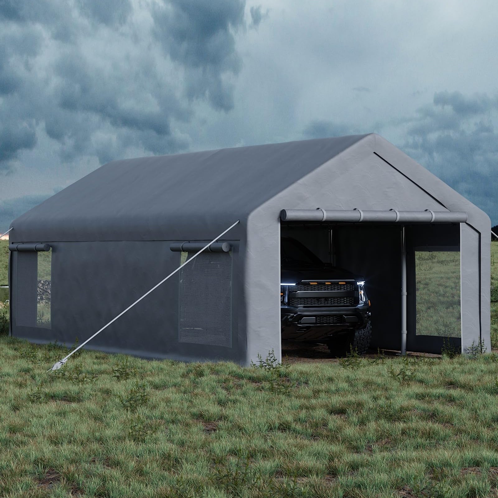 Garvee 13' x 25' Heavy-Duty Portable Carport Garage Shelter, 220G Waterproof PE Canopy with Roll-Up Doors, Removable Sidewalls & Steel Frame for Cars, Trucks, Boats & Outdoor Storage, Grey