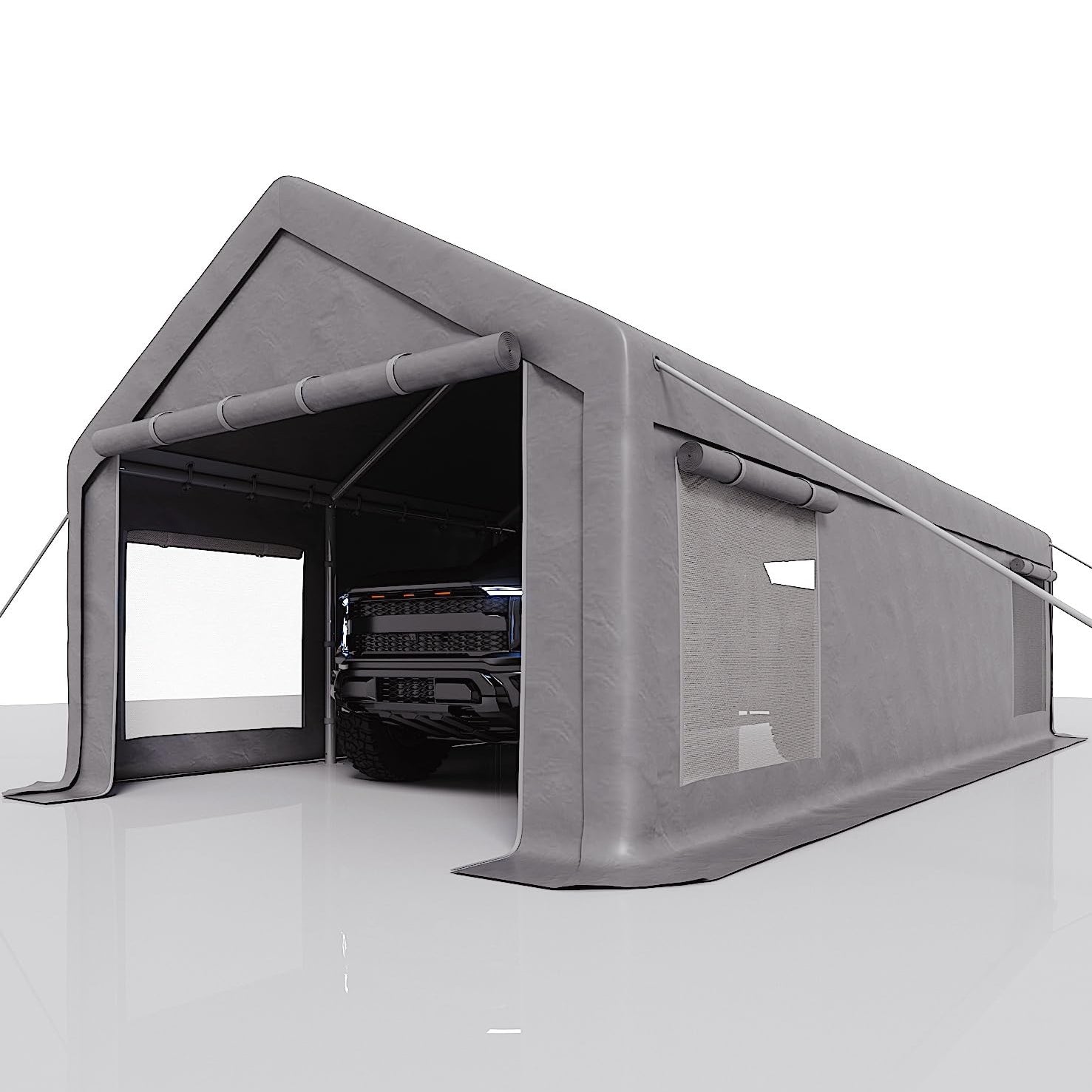 Garvee 13' x 25' Heavy-Duty Portable Carport Garage Shelter, 220G Waterproof PE Canopy with Roll-Up Doors, Removable Sidewalls & Steel Frame for Cars, Trucks, Boats & Outdoor Storage, Grey