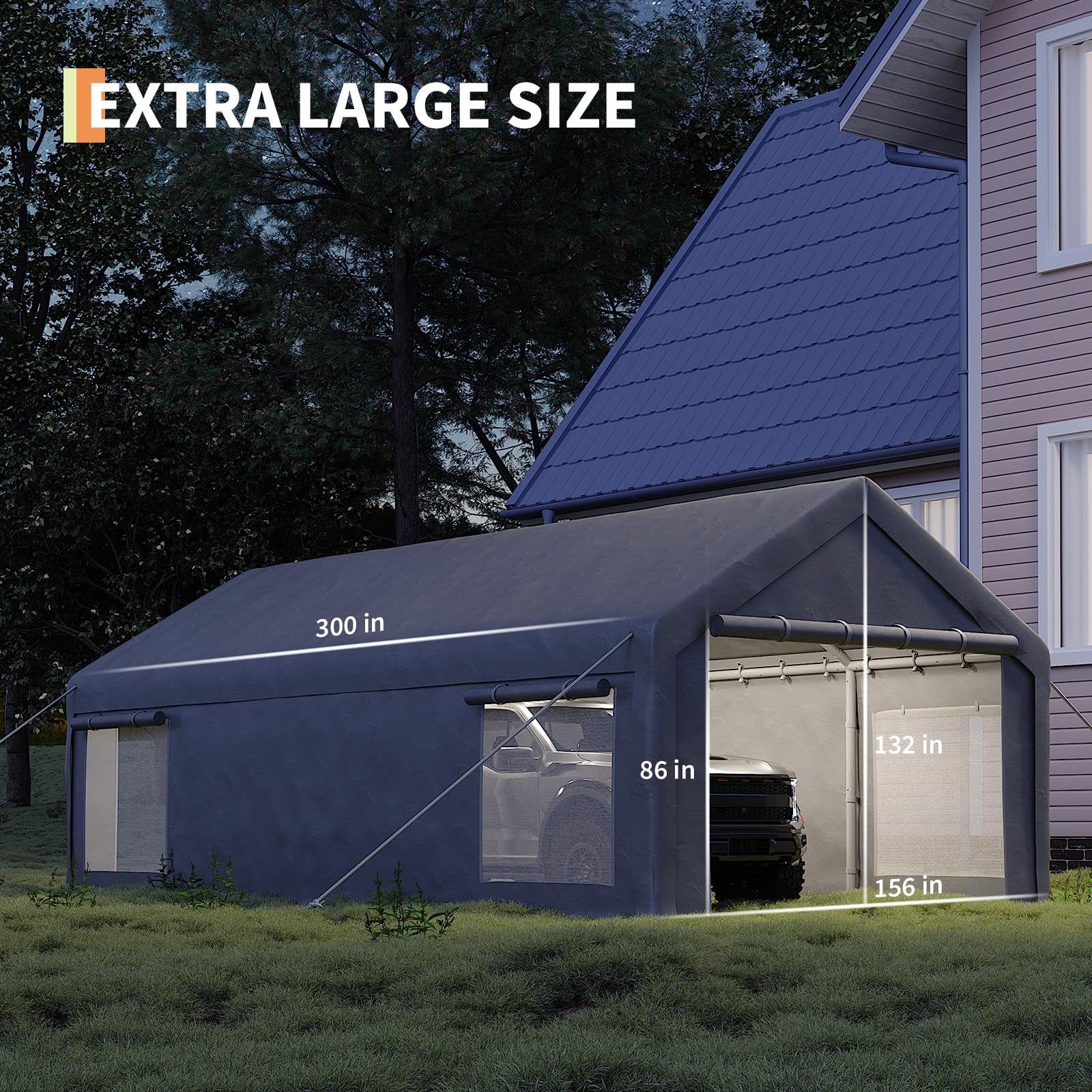 Garvee 13' x 25' Heavy-Duty Portable Carport Garage Shelter, 220G Waterproof PE Canopy with Roll-Up Doors, Removable Sidewalls & Steel Frame for Cars, Trucks, Boats & Outdoor Storage, Grey
