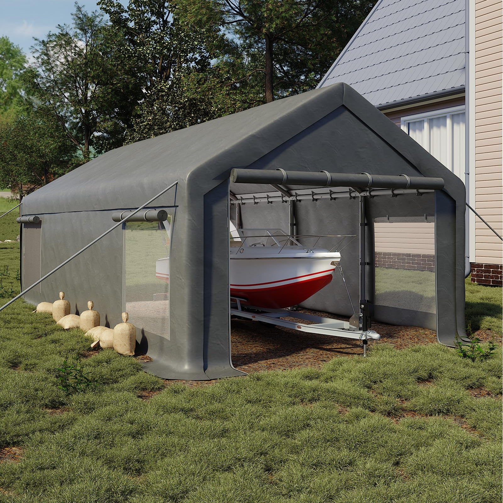 Garvee 13' x 25' Heavy-Duty Portable Carport Garage Shelter, 220G Waterproof PE Canopy with Roll-Up Doors, Removable Sidewalls & Steel Frame for Cars, Trucks, Boats & Outdoor Storage, Grey