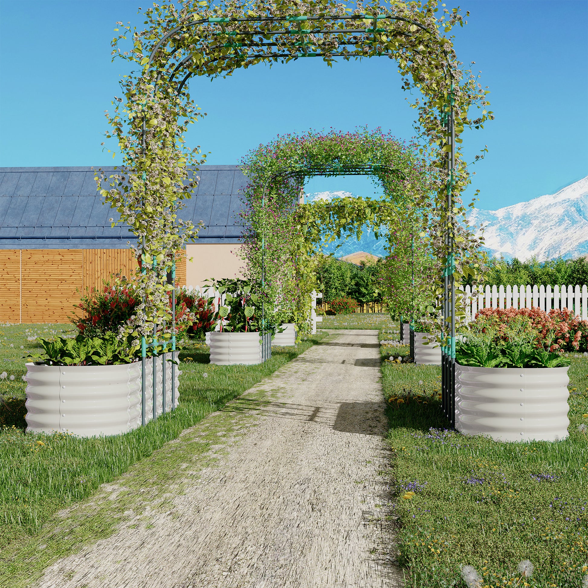 Garvee Galvanized Raised Garden Bed with 96" Vertical Arch Trellis - Rust-Resistant, Expandable Trellis - Steel, Plant Clips, Drainage Netting - Outdoor Garden, Patio, Beige