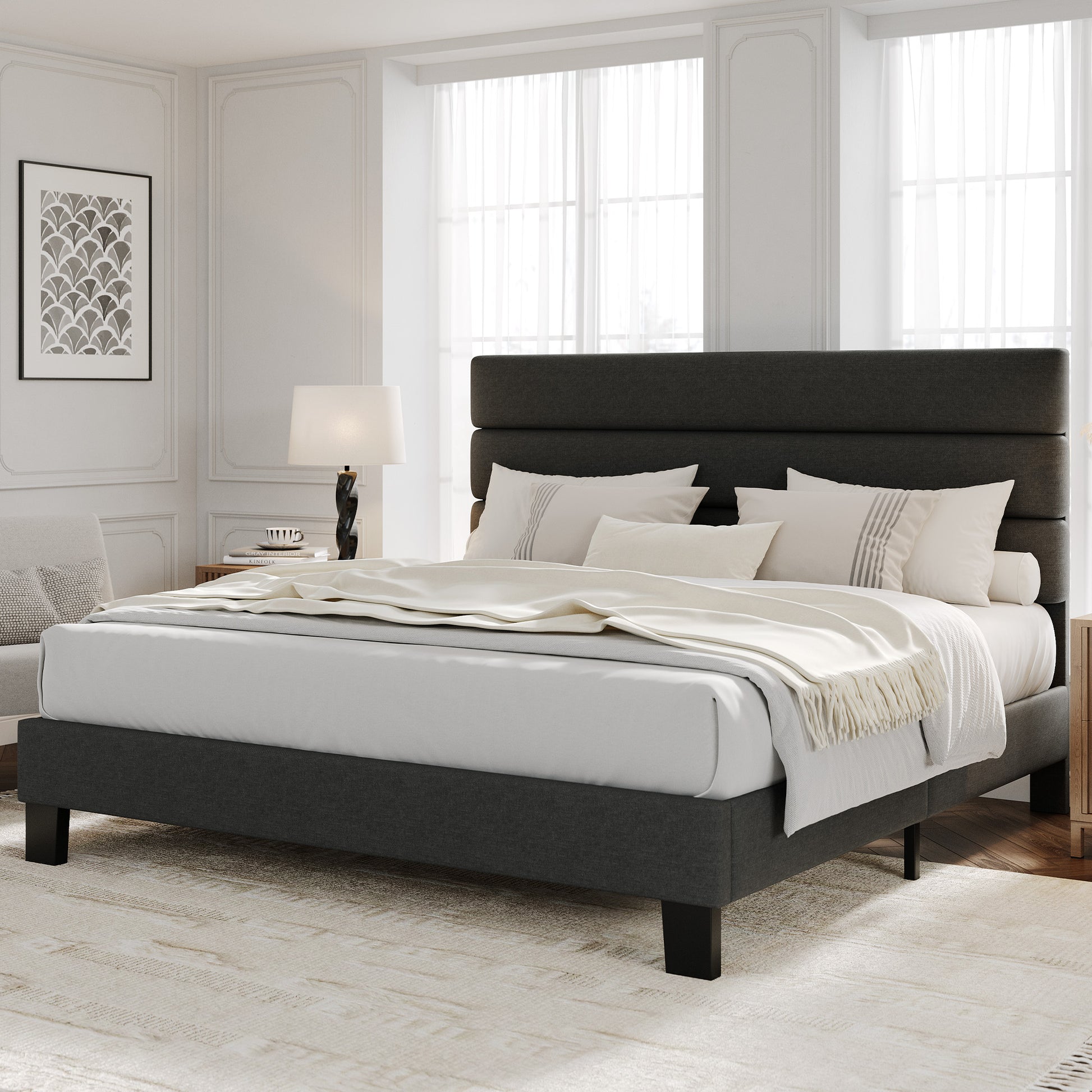 Garvee King Size Bed Frame with Adjustable Headboard, Fabric Upholstered and Wooden Slats Support Platform Bed Frame, Heavy Duty Mattress Foundation, Easy Assembly, Dark Grey