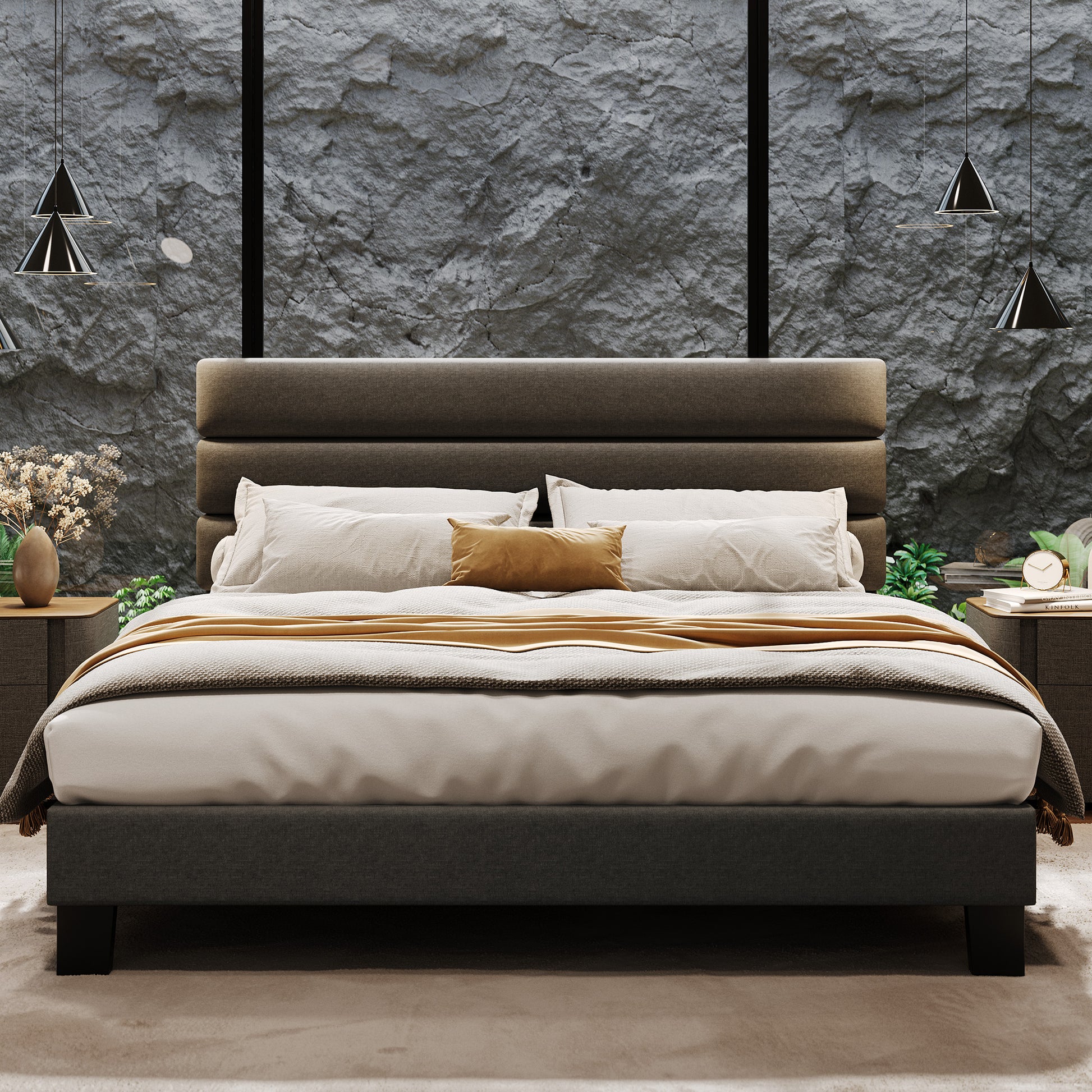 Garvee King Size Bed Frame with Adjustable Headboard, Fabric Upholstered and Wooden Slats Support Platform Bed Frame, Heavy Duty Mattress Foundation, Easy Assembly, Dark Grey
