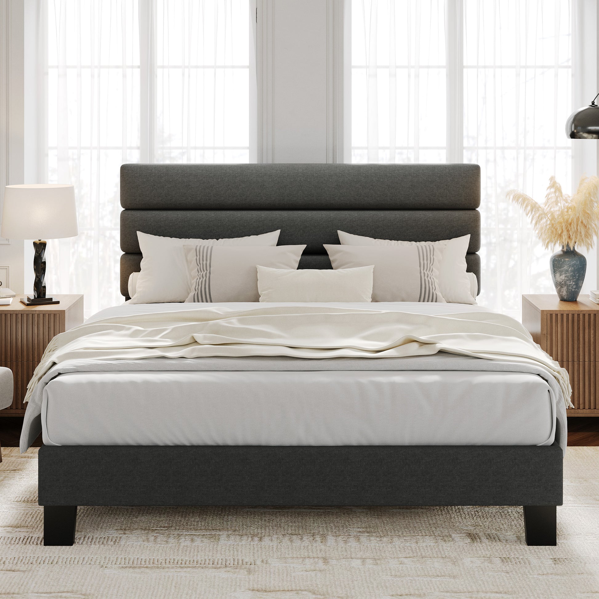 Garvee Queen Bed Frame Adjustable Headboard, Fabric Upholstered Wooden Slats Heavy Duty Mattress Foundation, Easy Assembly Platform Bed Frame for Bedroom, Dark Grey