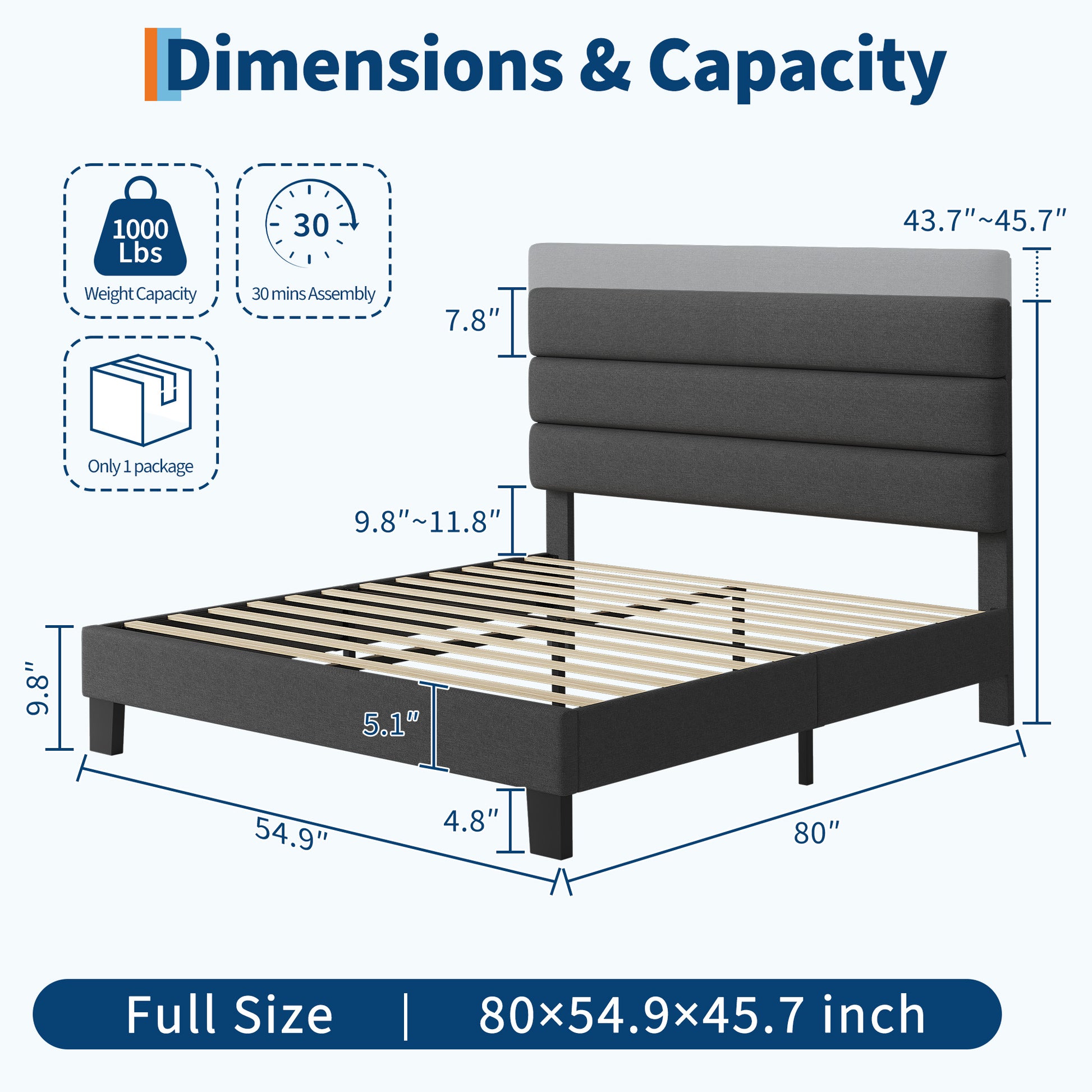 Garvee Full Size Bed Frame with Adjustable Headboard, Fabric Upholstered and Wooden Slats Support Platform Bed Frame, Dark Grey