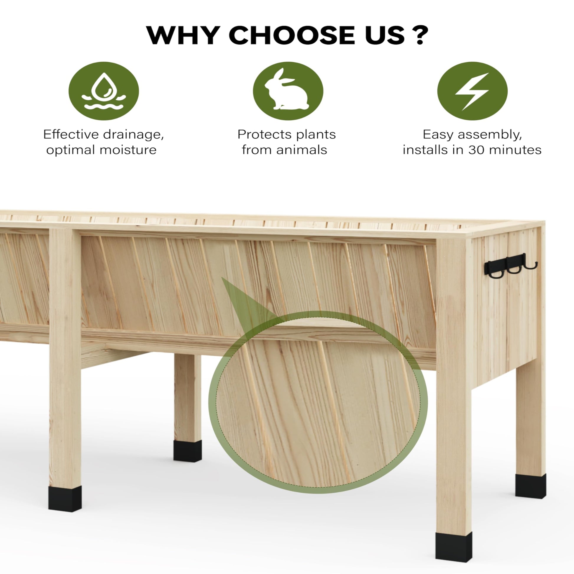 Garvee Wood Raised Garden Bed Planter Box 72"x26"x31"Tall 13.7"Deep Natural Cedar with Hooks & Crossbars Outdoor Vegetable Herb Gardening