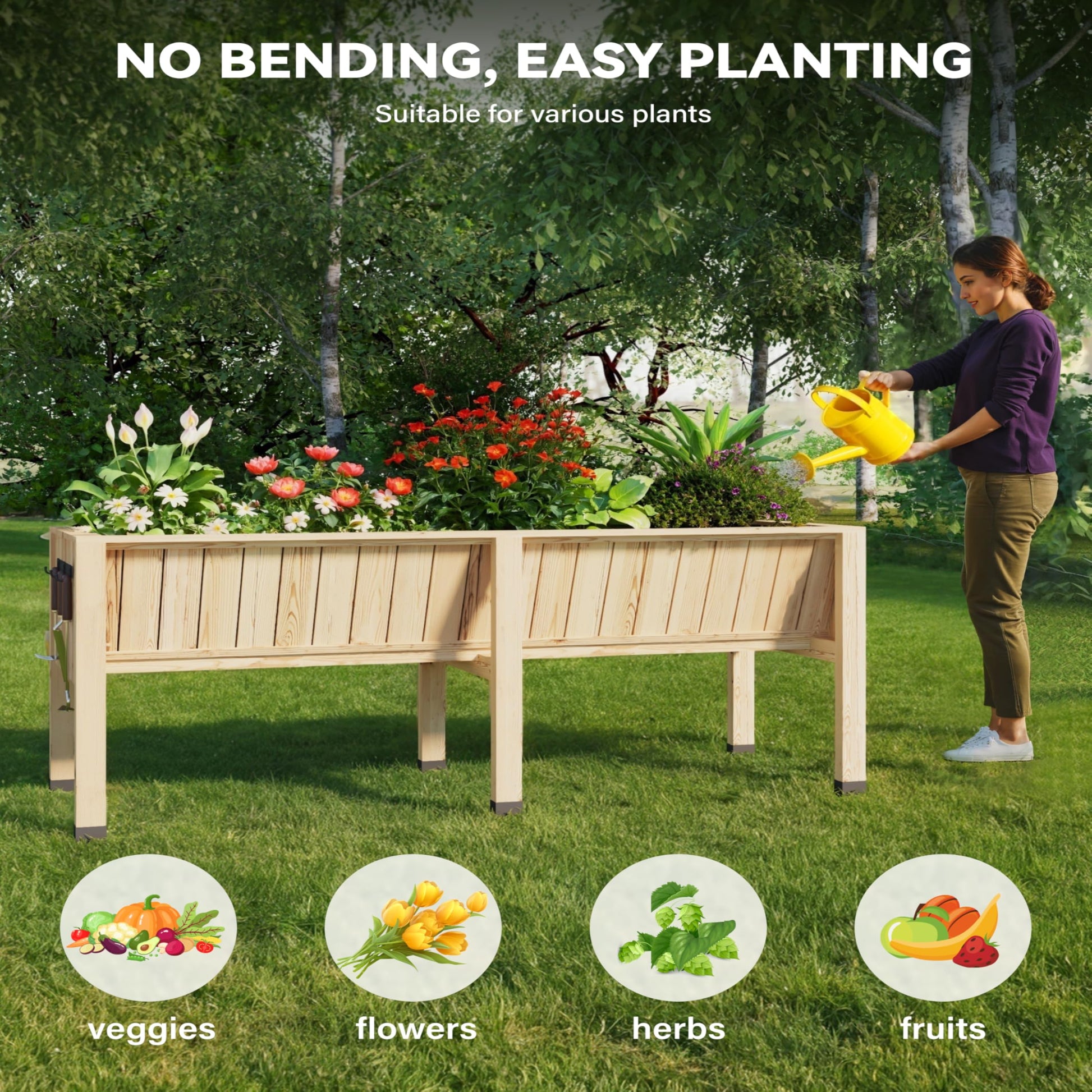 Garvee Wood Raised Garden Bed Planter Box 72"x26"x31"Tall 13.7"Deep Natural Cedar with Hooks & Crossbars Outdoor Vegetable Herb Gardening