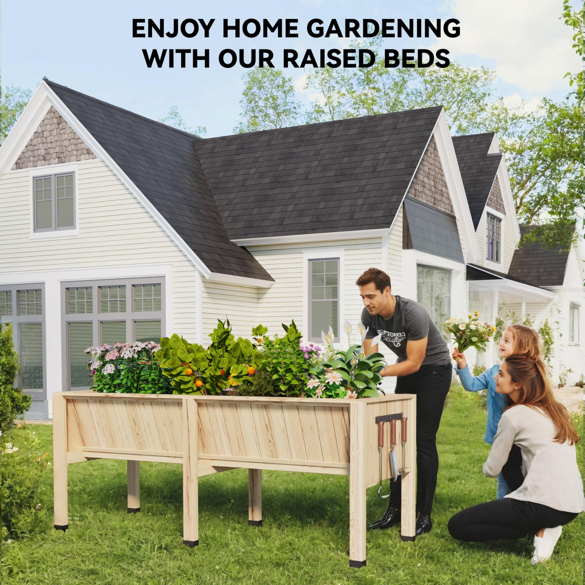 Garvee Wood Raised Garden Bed Planter Box 72"x26"x31"Tall 13.7"Deep Natural Cedar with Hooks & Crossbars Outdoor Vegetable Herb Gardening