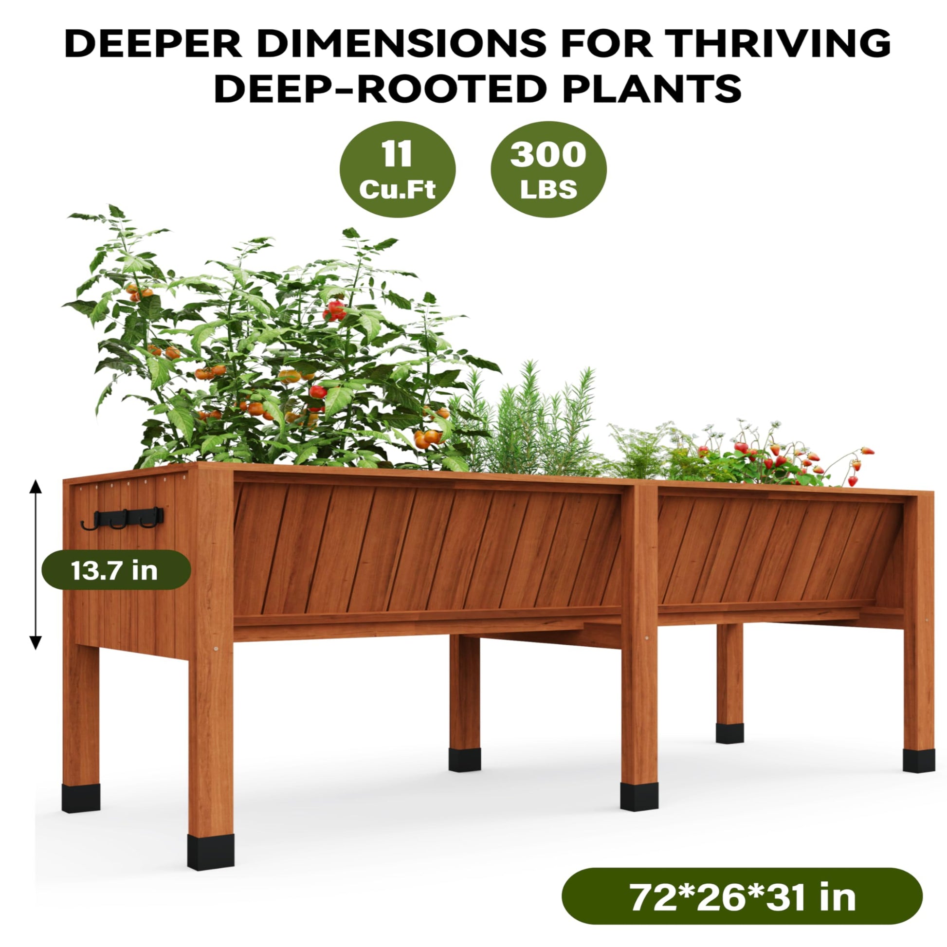Garvee 72" x 26" x 31" Cedar Raised Garden Bed, 13.7" Deep Elevated Planter Box with Liner, Hooks & Drainage Hole for Vegetables, Herbs & Flowers, Acorn Brown
