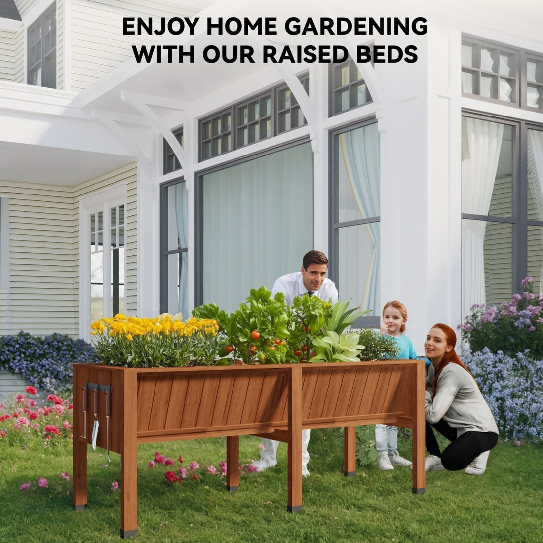 Garvee 72" x 26" x 31" Cedar Raised Garden Bed, 13.7" Deep Elevated Planter Box with Liner, Hooks & Drainage Hole for Vegetables, Herbs & Flowers, Acorn Brown