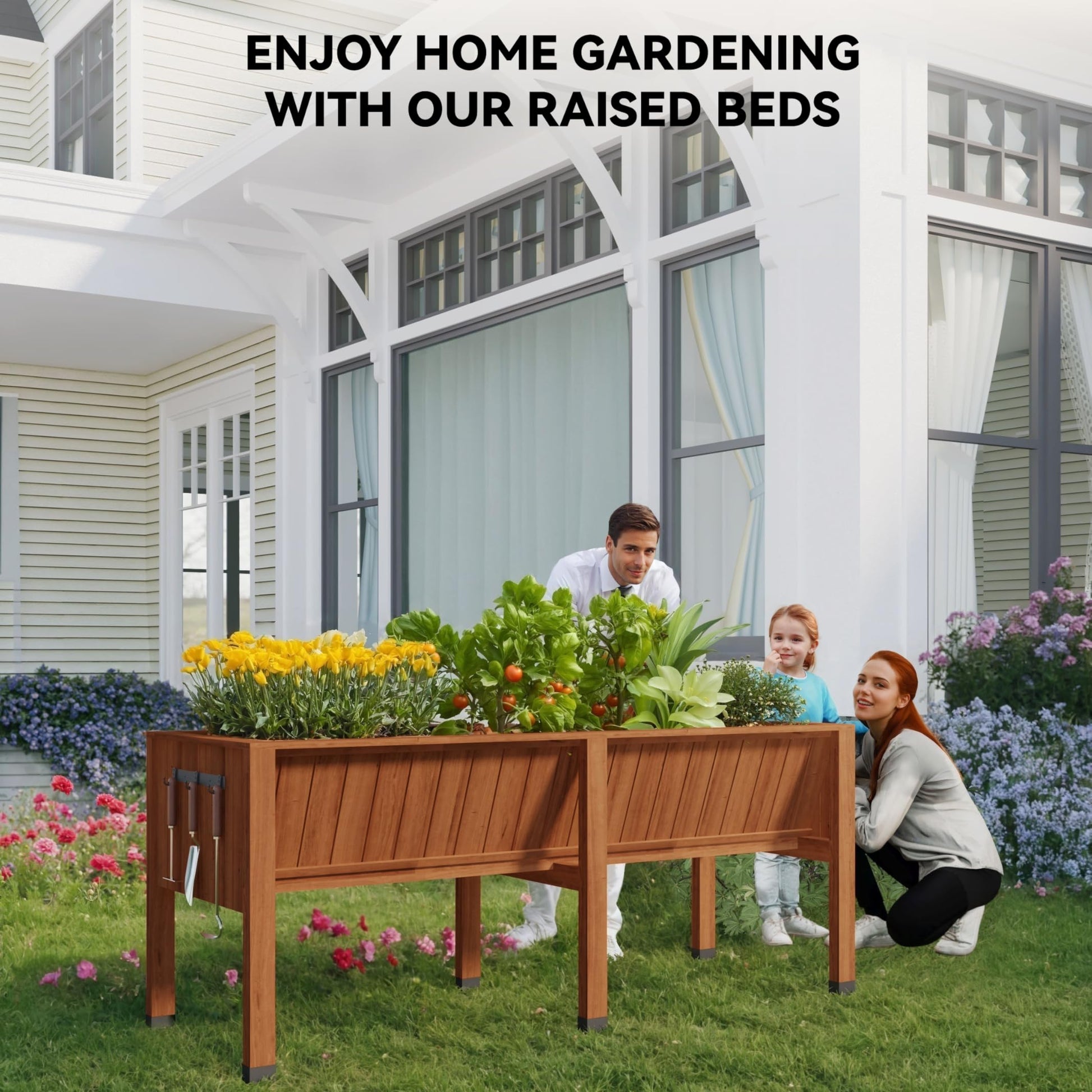 Garvee 72" x 26" x 31" Cedar Raised Garden Bed, 13.7" Deep Elevated Planter Box with Liner, Hooks & Drainage Hole for Vegetables, Herbs & Flowers, Acorn Brown