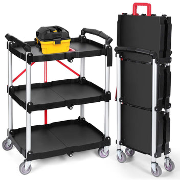 Garvee 3-Tier Foldable Utility Cart, 176 lb Heavy-Duty Rolling Service Cart with 360° Swivel Wheels, Locking Casters & Aluminum Frame