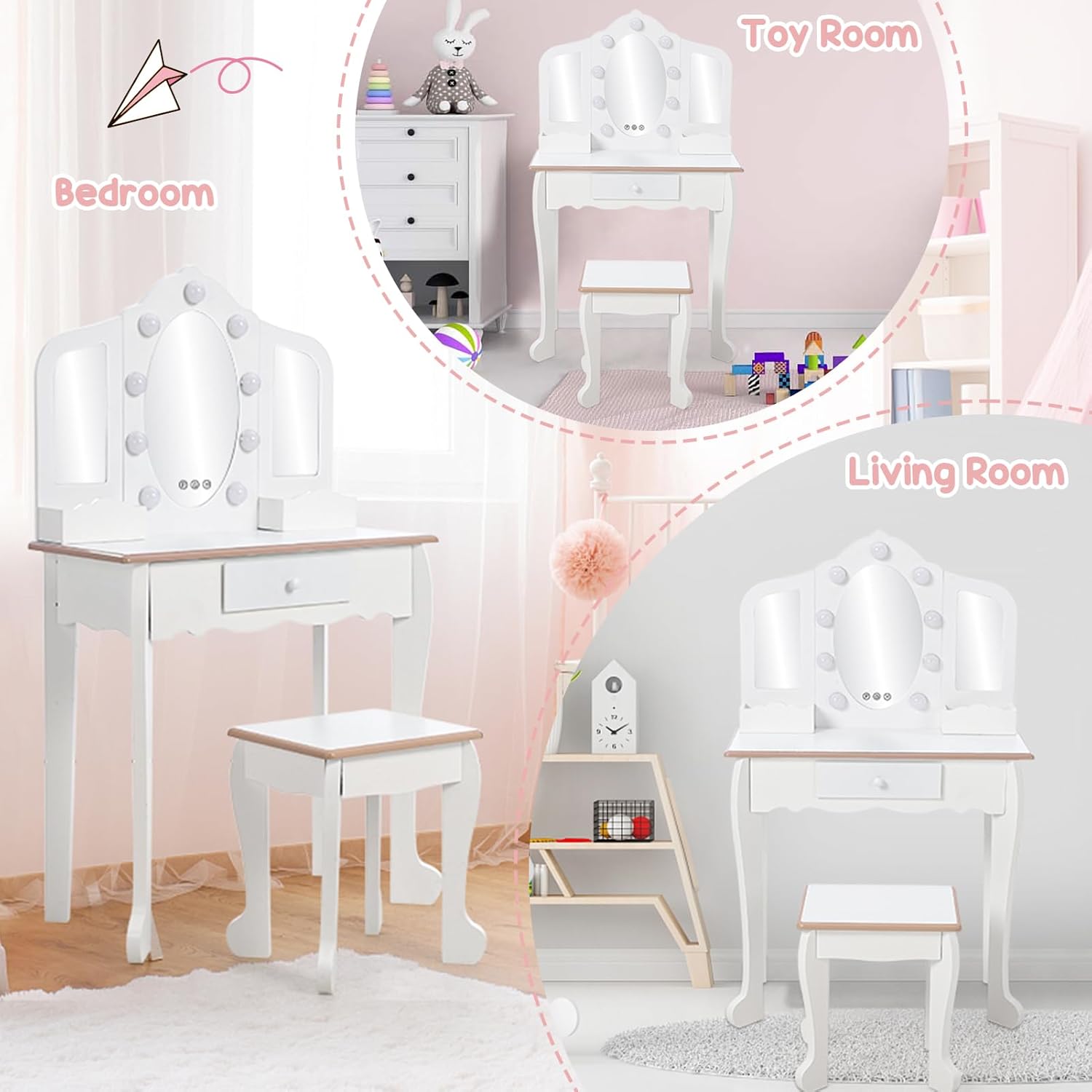 Garvee Kids Vanity Table Set with 3 Mirrors and Light Suitable for Age 3-10, White