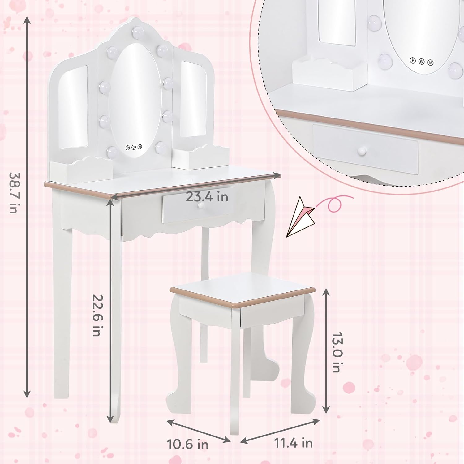 Garvee Kids Vanity Table Set with 3 Mirrors and Light Suitable for Age 3-10, White