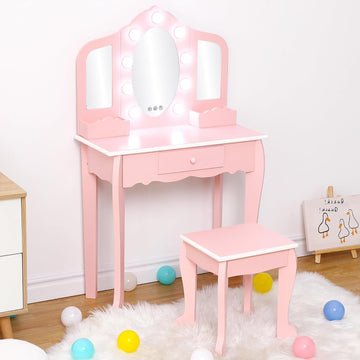 Garvee Kids Vanity Table Set with 3 Mirrors and Light Suitable for Age 3-10, Pink