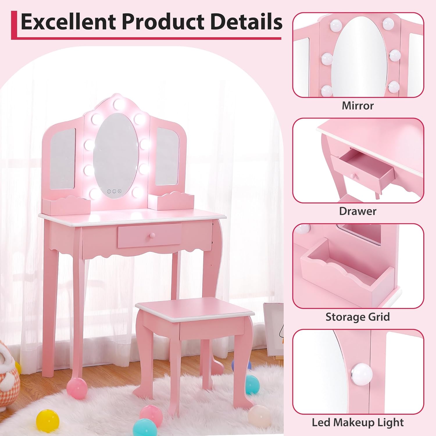 Garvee Kids Vanity Table Set with 3 Mirrors and Light Suitable for Age 3-10, Pink