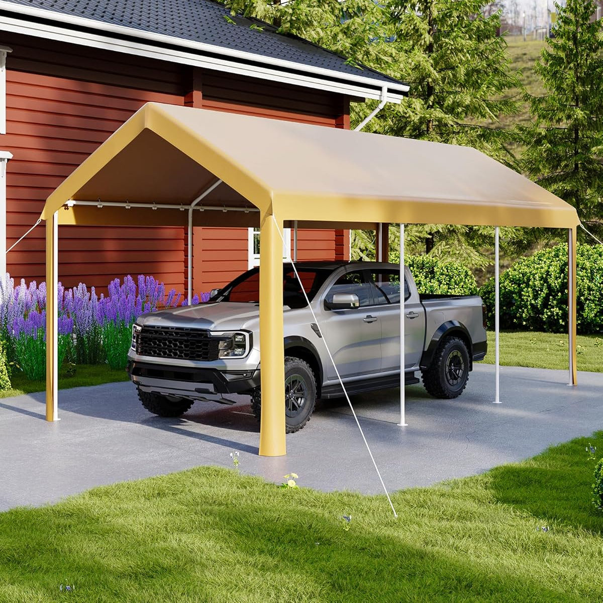 Garvee Heavy Duty 10x20 Ft Carport Canopy with Galvanized Steel Frame, Side-Opening Door & Roll-Up Windows, Tear-Proof PE Fabric, Portable Outdoor Shelter for Vehicles & Boats