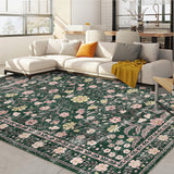 Garvee Floral Green 10x13 Retro Mottled Flowers Area Rug Boho Design Non-Shedding Easy Care Ideal for High Traffic Areas In Living Room Bedroom Office Coffee Table Kitchen Large Carpet Green - Green