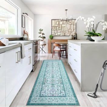 Garvee 2'x6' Runner Rug Boho Vintage Floral Rug Stain Resistant for Bedroom Dining Room Entryway Kitchen Playroom Low Pile Non Slip Soft Thin Carpet Brilliant Blue