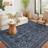 Garvee 8'x10' Boho Vintage Floral Rug Stain Resistant Low Pile Carpet For Bedroom Room Kids Playroom Office Decor Indoor Non Slip Soft Thin Carpet Dark Blue - Navy Blue