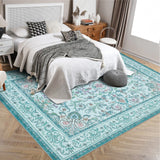 Garvee 8'x10' Boho Vintage Floral Rug Stain Resistant Low Pile Carpet For Bedroom Room Kids Playroom Office Decor Indoor Non Slip Soft Thin Carpet Brilliant Blue - Bright Blue