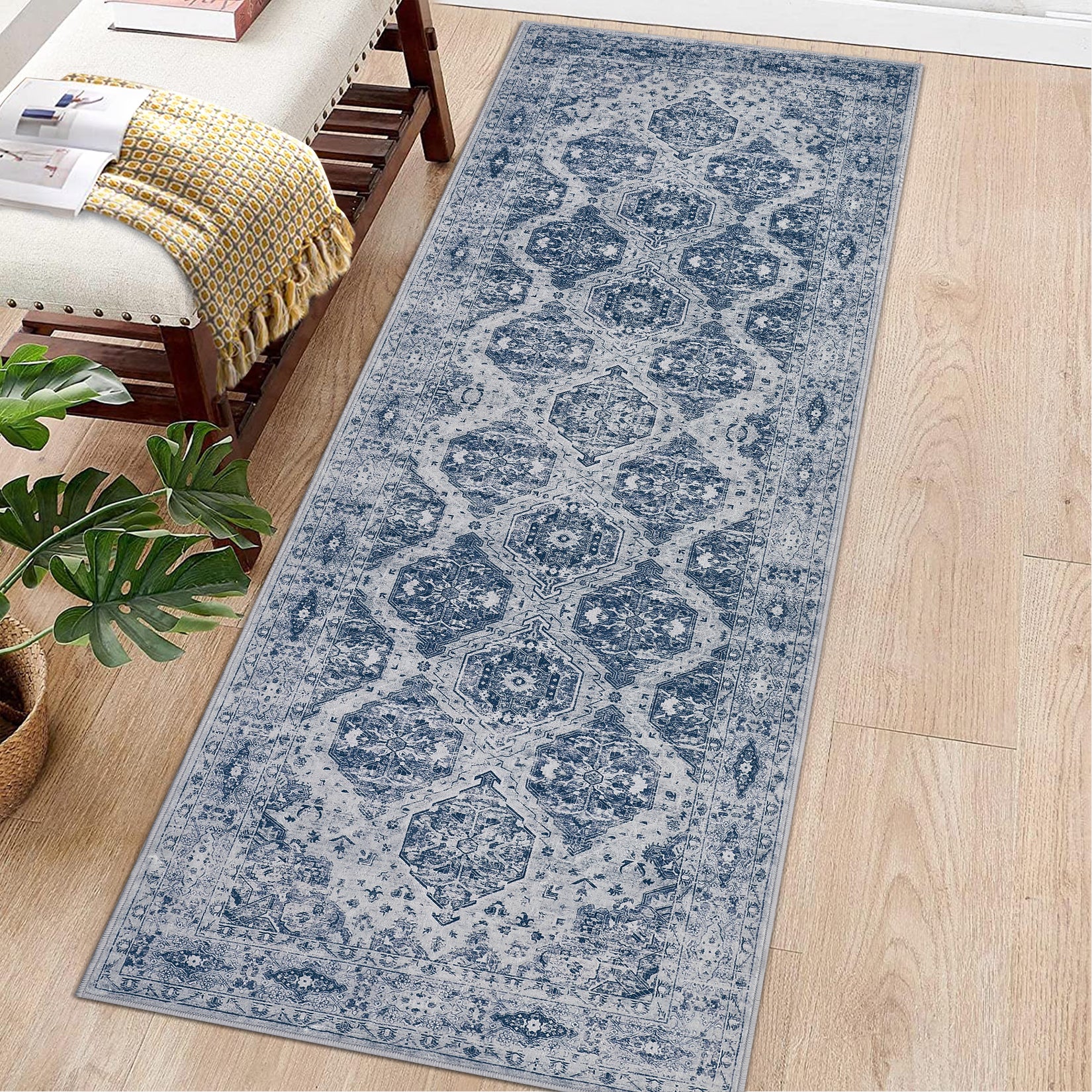 Garvee Persian Blue 2x6 Runner Rug Vintage Irregular Pattern Non Skid Washable Ultra-Thin Long Carpet for Indoor Bedroom Entryway Office Kitchen