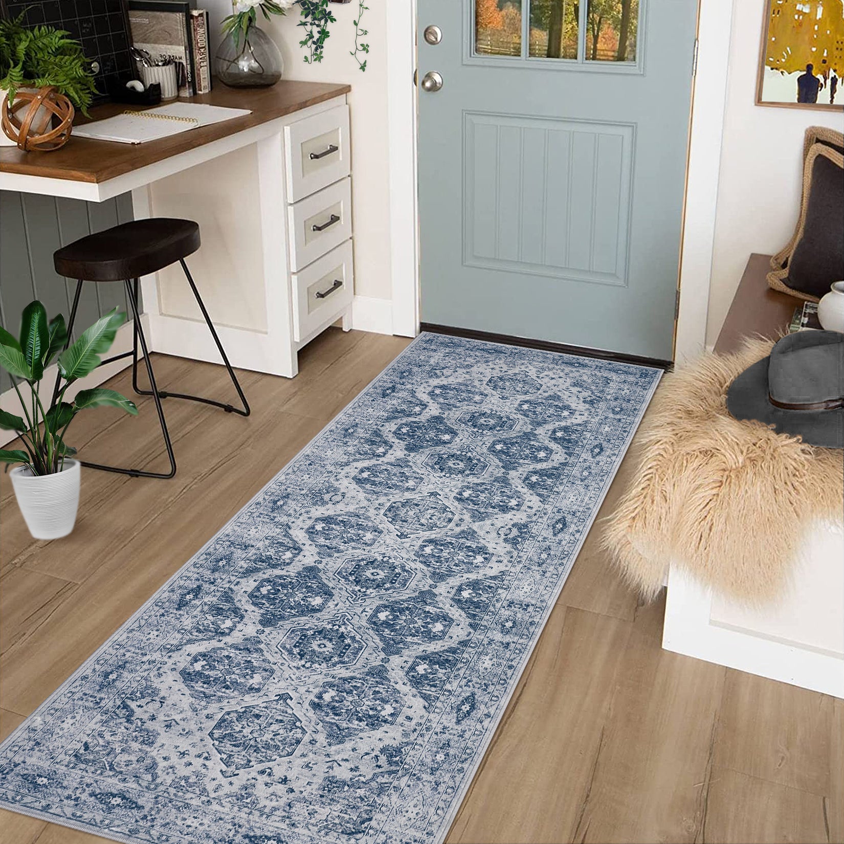 Garvee Persian Blue 2x6 Runner Rug Vintage Irregular Pattern Non Skid Washable Ultra-Thin Long Carpet for Indoor Bedroom Entryway Office Kitchen