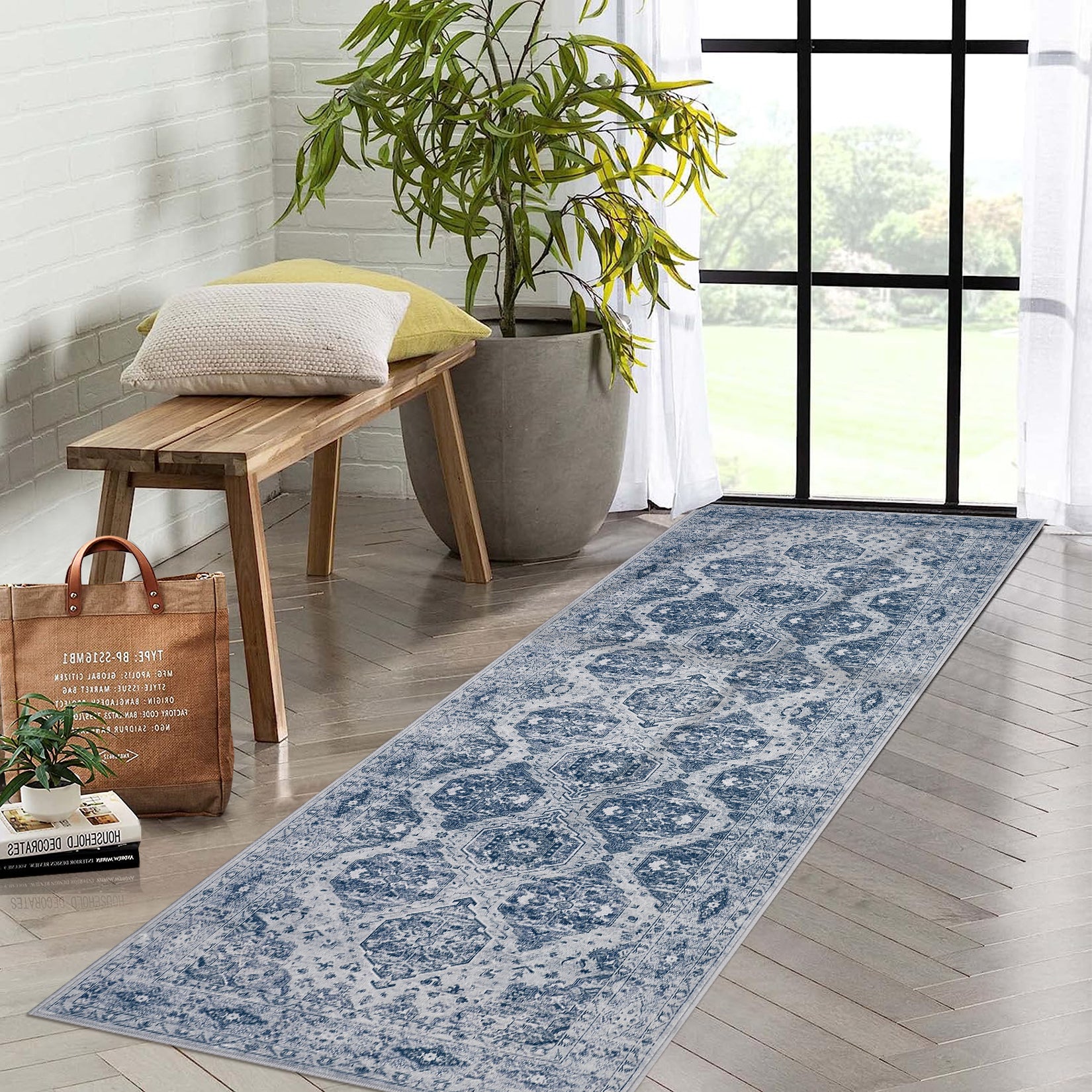 Garvee Persian Blue 2x6 Runner Rug Vintage Irregular Pattern Non Skid Washable Ultra-Thin Long Carpet for Indoor Bedroom Entryway Office Kitchen
