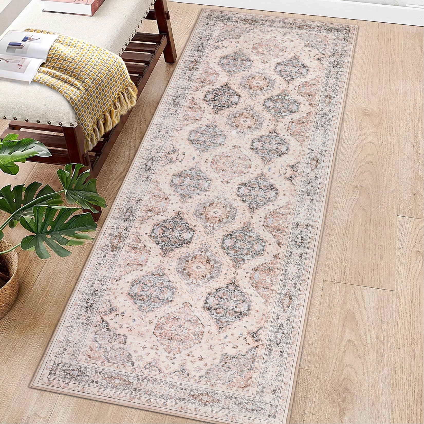 Garvee Persian Beige 2x6 Runner Rug Vintage Irregular Pattern Non Skid Washable Ultra-Thin Long Carpet for Indoor Bedroom Entryway Office Kitchen