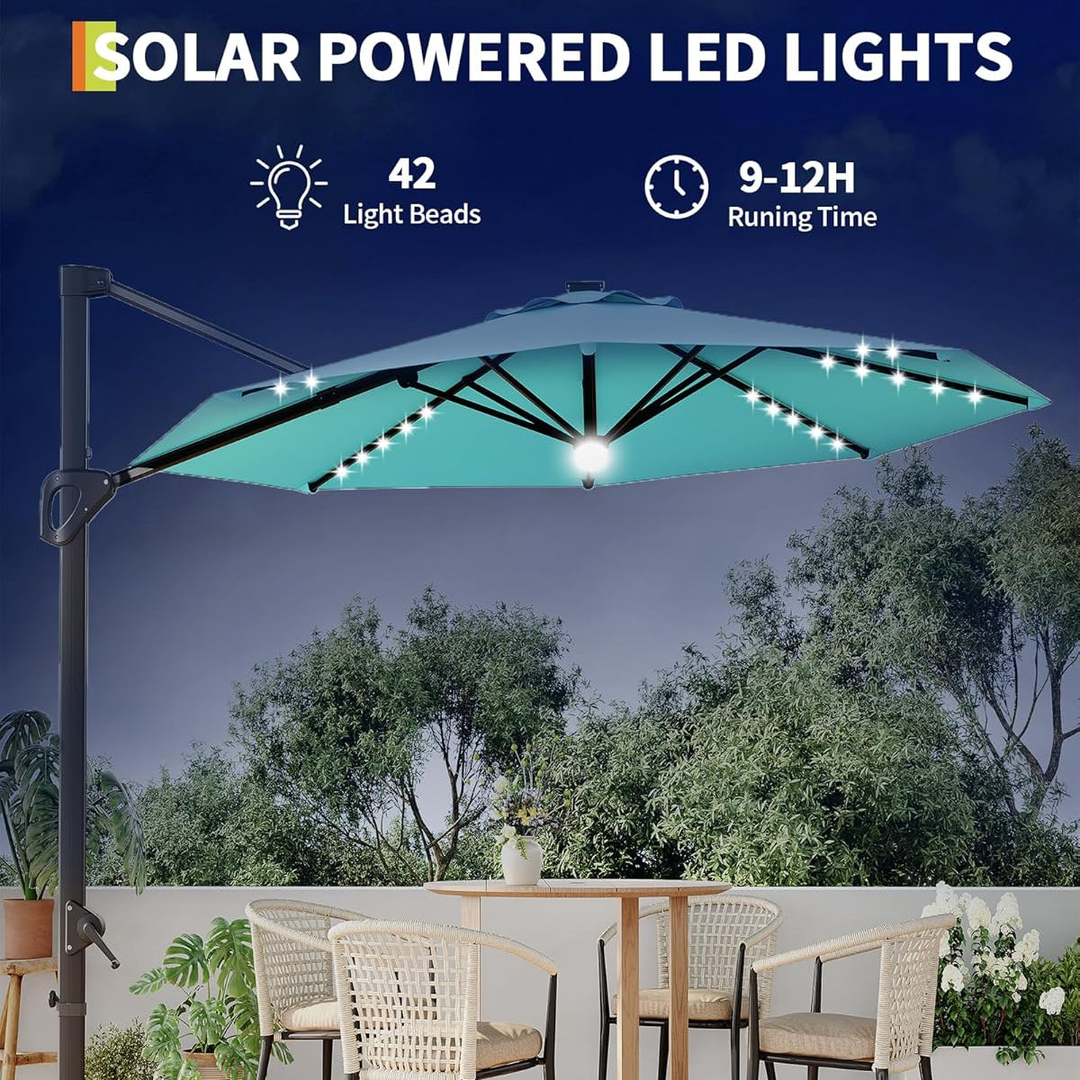 Garvee 10FT Outdoor Cantilever Umbrella Patio Umbrella Solar LED with Base Included, 360-Degree Rotation