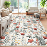 Garvee Floral 9x12 Rice Large Washable Area Rugs Easy Cleaning Dining Room Rugs, Farmhouse Floral Printed Accent Carpet, Foldable Thin Indoor Floor Cover for Bedroom, Living Room - Beige