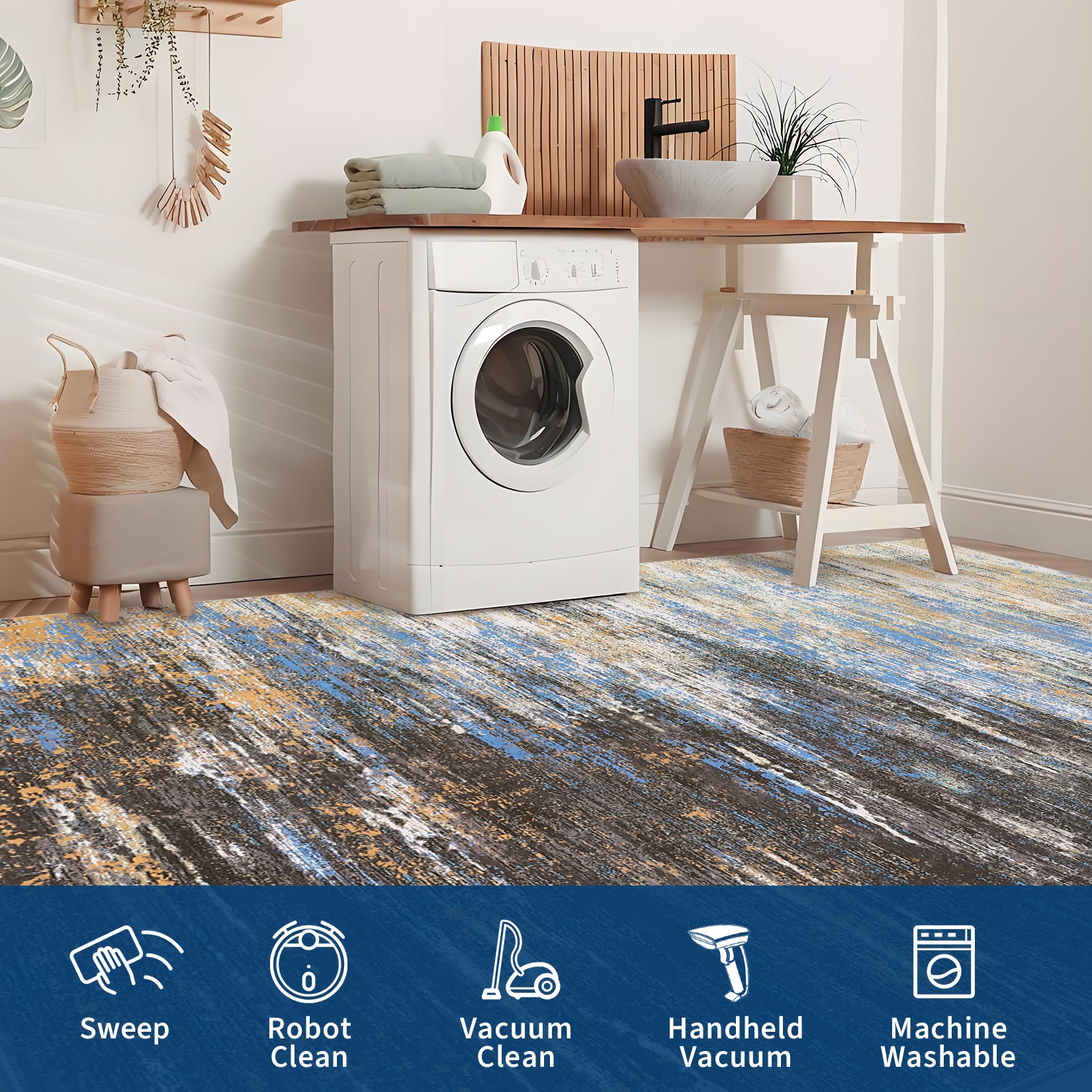 Garvee Modern Abstract Living Room Rug 8x10, Washable Area Rugs for Bedroom, Stain Resistant Non Slip Large Rug, Soft Indoor Carpet for Dining Room Table Home Decor, Blue/Brown