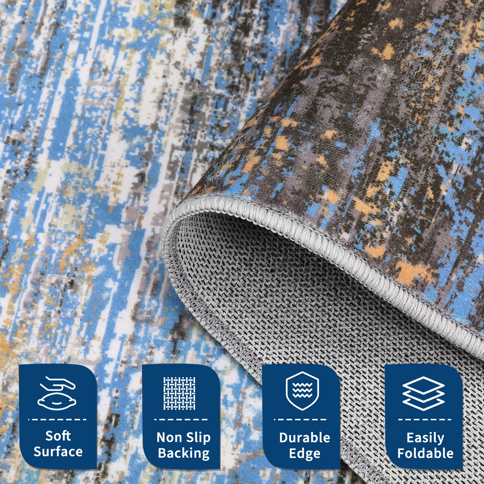 Garvee Modern Abstract Living Room Rug 8x10, Washable Area Rugs for Bedroom, Stain Resistant Non Slip Large Rug, Soft Indoor Carpet for Dining Room Table Home Decor, Blue/Brown