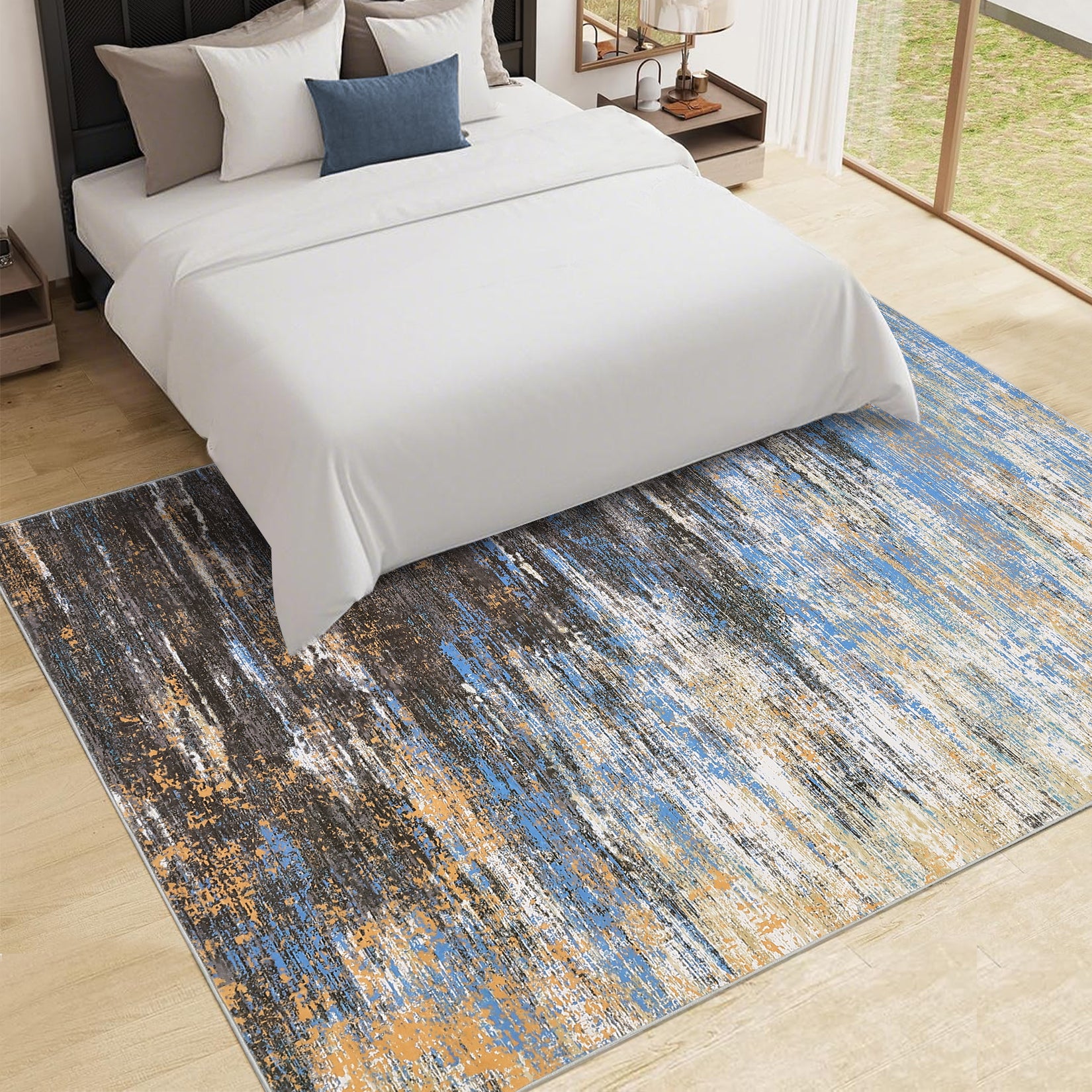 Garvee Modern Abstract Living Room Rug 8x10, Washable Area Rugs for Bedroom, Stain Resistant Non Slip Large Rug, Soft Indoor Carpet for Dining Room Table Home Decor, Blue/Brown
