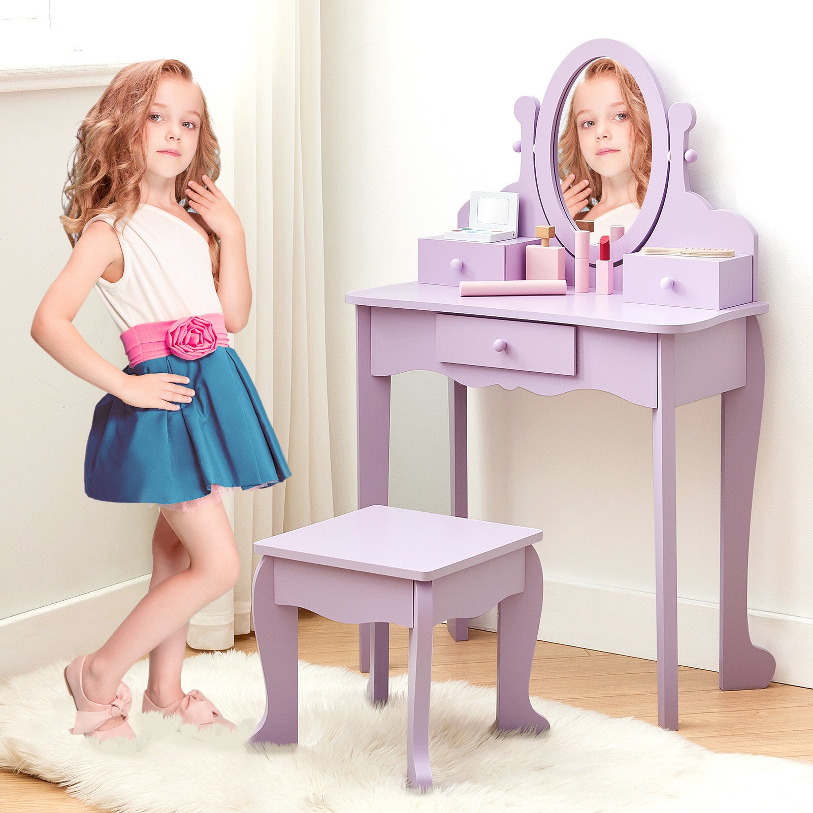 Garvee Kids Vanity Set with Adjustable Angle Mirror, Drawers and Stool Suitable for Age 3-10, Purple