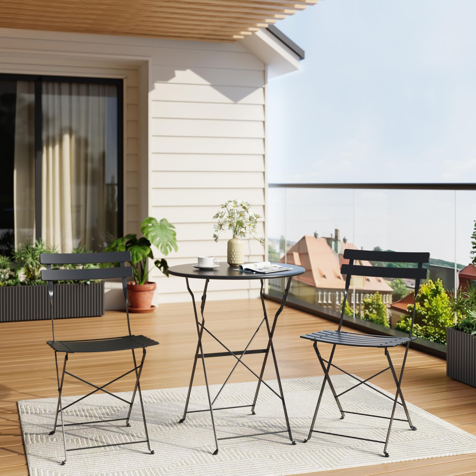 Garvee 3-Piece Folding Patio Bistro Set, Powder-Coated Metal Table and 2 Chairs for Balcony, Porch, Garden, Small Outdoor Spaces,Black