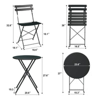 Garvee 3-Piece Folding Patio Bistro Set, Powder-Coated Metal Table and 2 Chairs for Balcony, Porch, Garden, Small Outdoor Spaces,Black