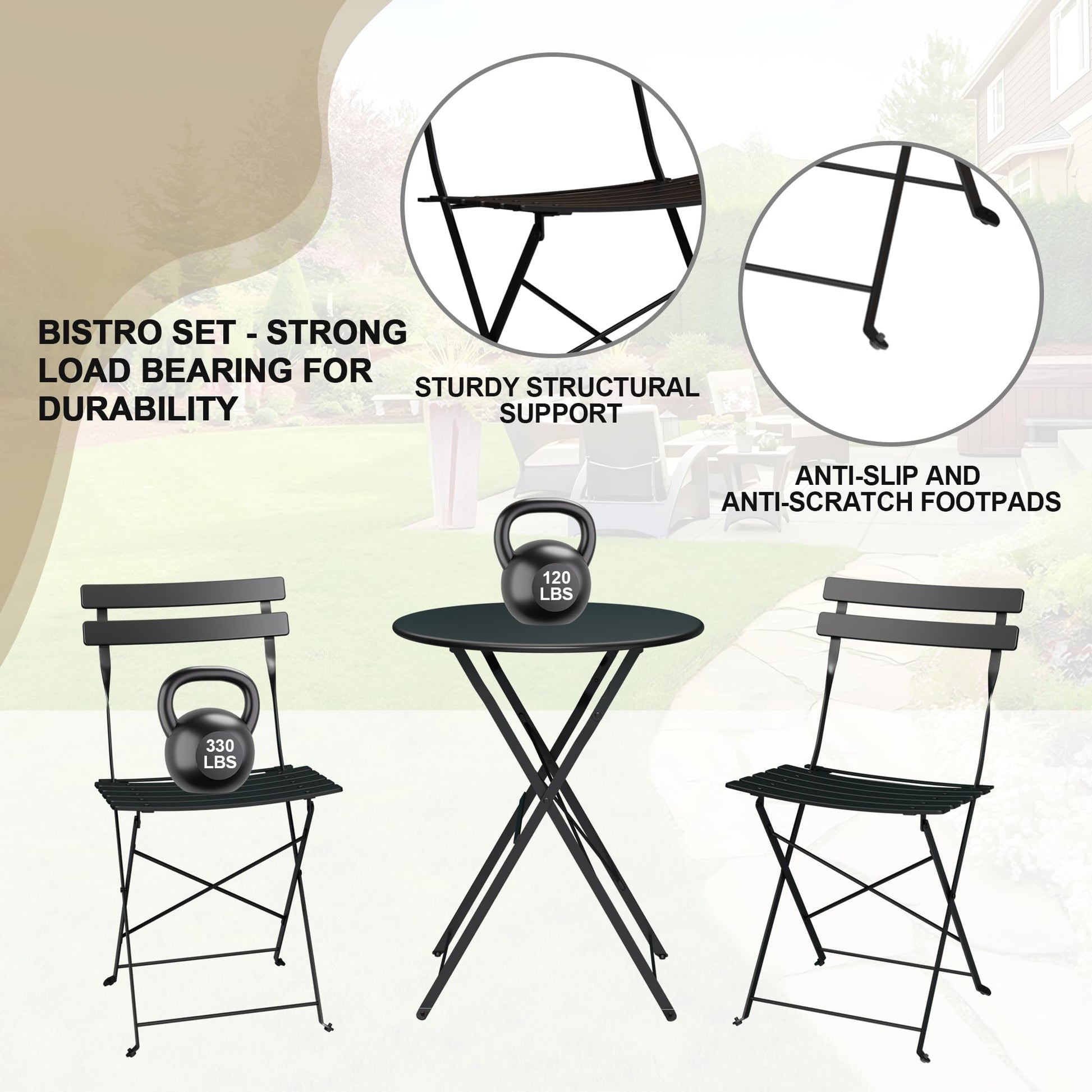 Garvee 3-Piece Folding Patio Bistro Set, Powder-Coated Metal Table and 2 Chairs for Balcony, Porch, Garden, Small Outdoor Spaces,Black