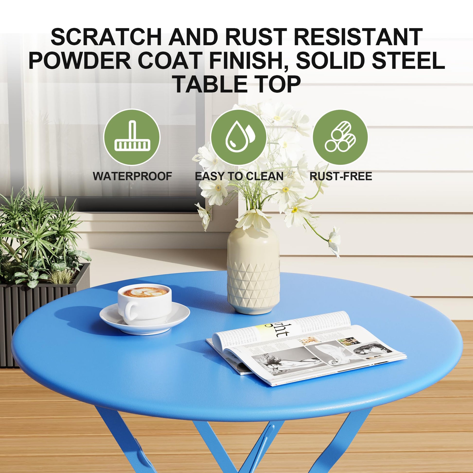 Garvee 3-Piece Folding Patio Bistro Set, Powder-Coated Metal Table and 2 Chairs for Balcony, Porch, Garden, Small Outdoor Spaces,Blue