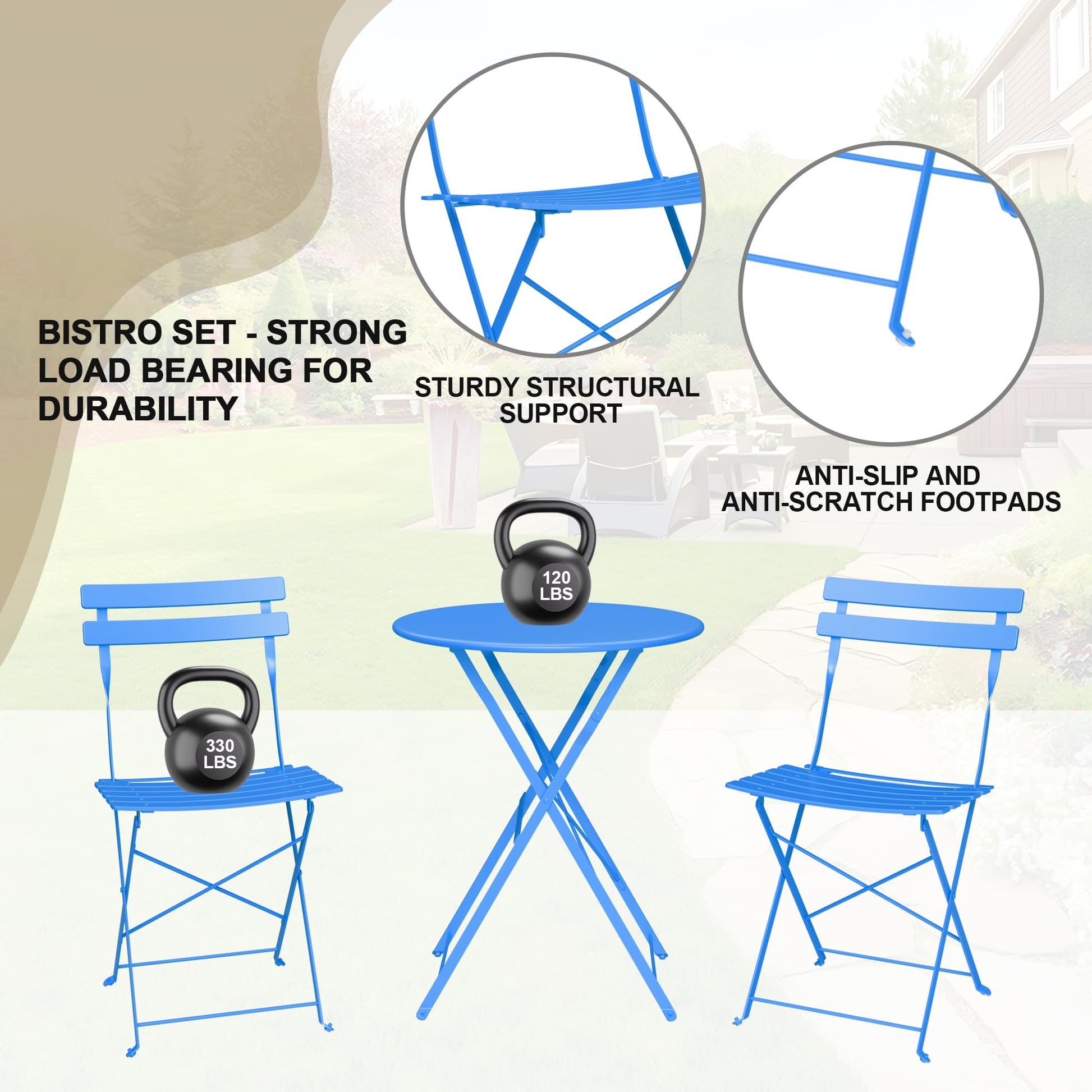 Garvee 3-Piece Folding Patio Bistro Set, Powder-Coated Metal Table and 2 Chairs for Balcony, Porch, Garden, Small Outdoor Spaces,Blue