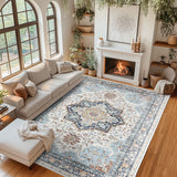 Garvee Vintage Printed Living Room Rugs 8x10 Large Oriental Medallion Accent Rugs, Non-Shedding Ultra-Thin Floor Carpet, Easy Cleaning Indoor Mat for Dining Room, Office, Orange Blue - Orange Blue