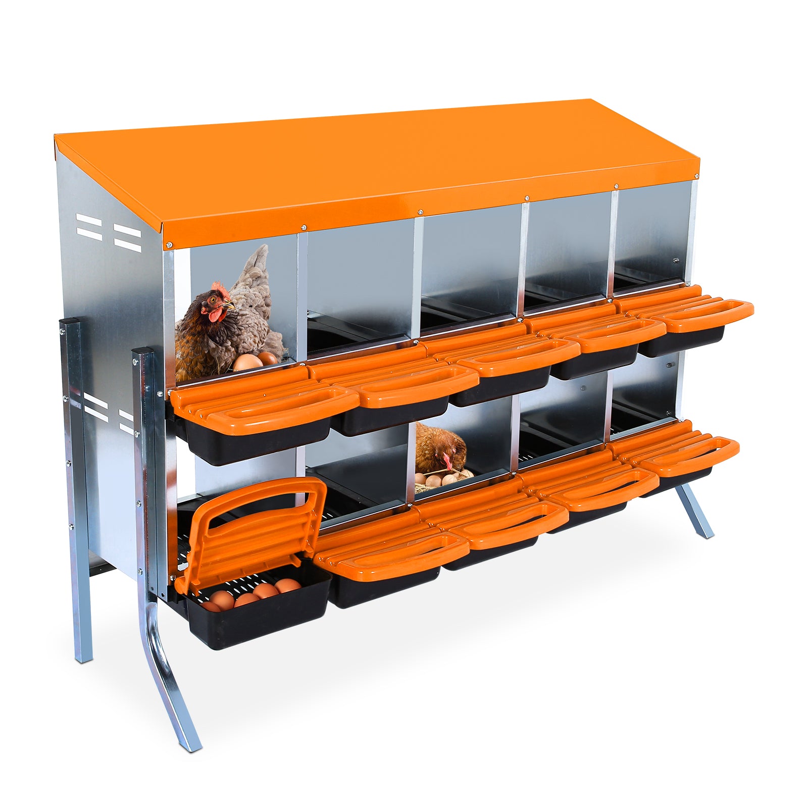 Garvee Chicken Nesting Box 10-Hole Roll Away Egg Laying Box with Lid, Heavy-Duty Galvanized Steel, Rustproof, Orange, with Bracket Legs