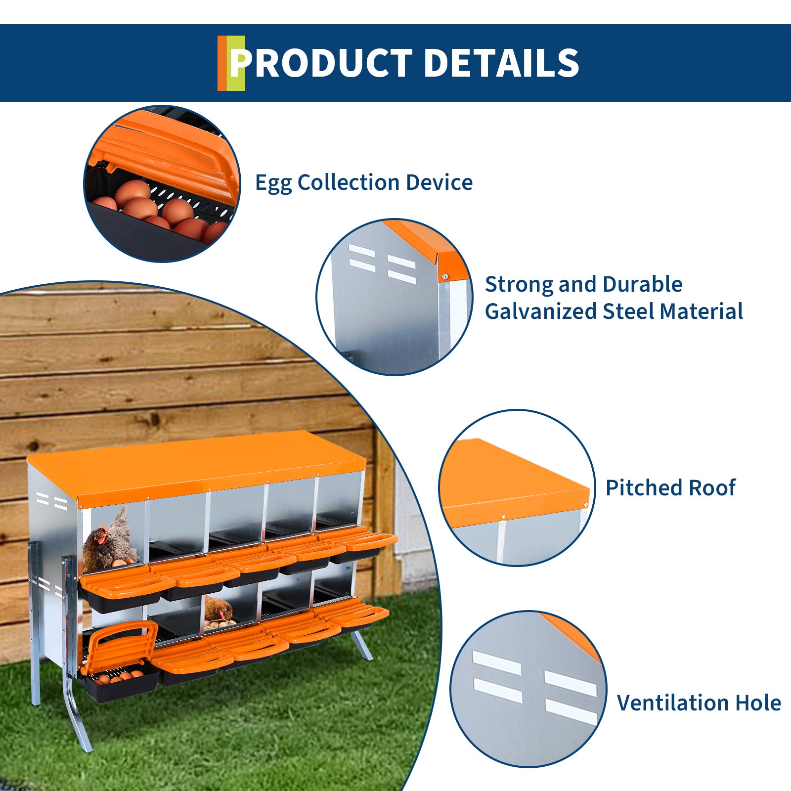Garvee Chicken Nesting Box 10-Hole Roll Away Egg Laying Box with Lid, Heavy-Duty Galvanized Steel, Rustproof, Orange, with Bracket Legs