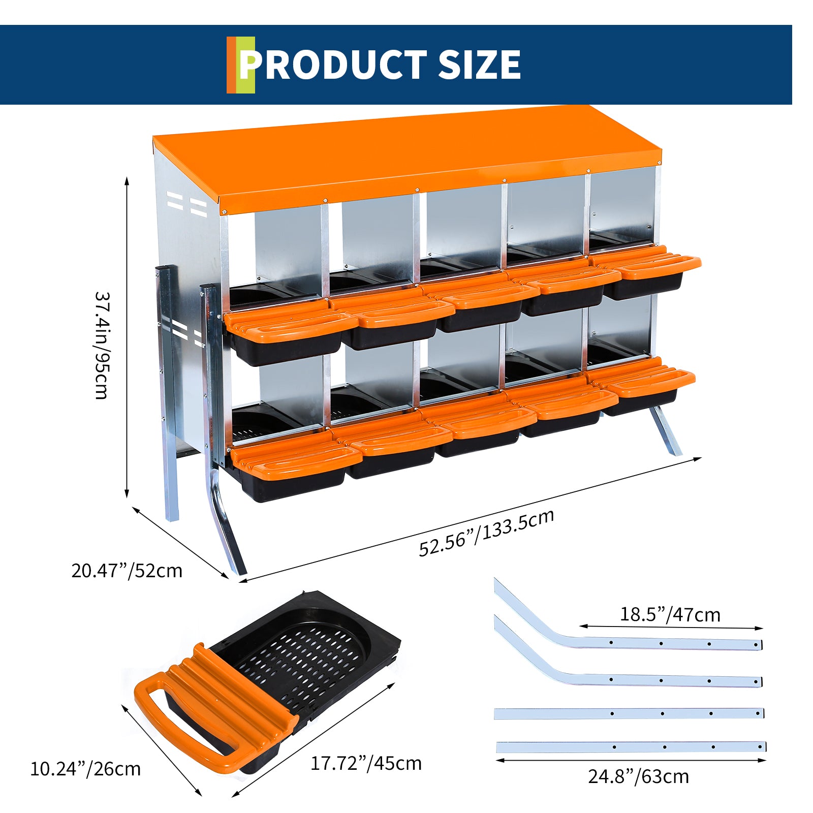 Garvee Chicken Nesting Box 10-Hole Roll Away Egg Laying Box with Lid, Heavy-Duty Galvanized Steel, Rustproof, Orange, with Bracket Legs