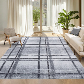 Garvee 9x12 Large Living Room Rugs, Washable Modern Geometric Area Rug for Bedroom, Ultra Thin Soft Non Slip Under Table Floor Cover for Dining Room, Low Pile Throw Mat for High Traffic Area, Grey