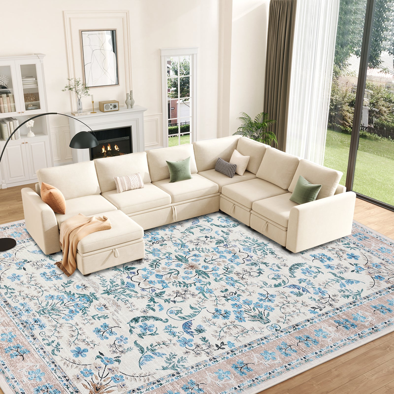 Garvee Washable Rug for Living Rooms, Vintage Floral Rug with Non Slip Rubber Backing, Soft Thin Low Pile Carpet, Indoor Non Shedding Floor Covering, Foldable Printed Accent Mat