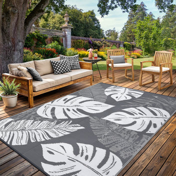 Garvee Outdoor Grey & White 8x10 Rug Waterproof Reversible Outdoor Plastic Straw Rug Modern Palm Leaves Patio Rug Indoor Outdoor Carpet RV Mat Outside for Patio Camp Balcony Deck Picnic