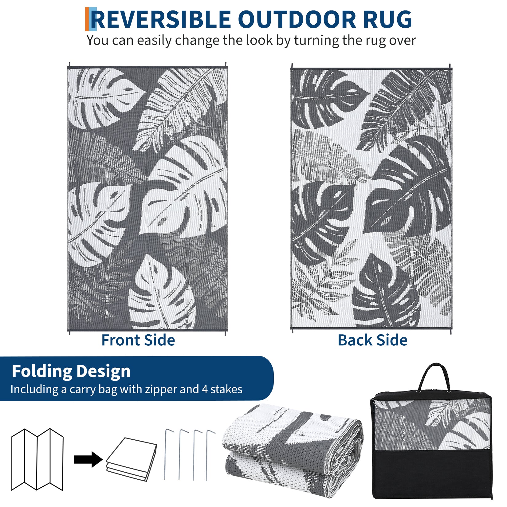 Garvee Outdoor Grey & White 5x8 Plastic Straw Rug, Waterproof Reversible Carpet for Patio, Deck, RV, Camping