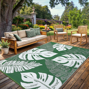 Garvee Outdoor Green 8x10 Rug Waterproof Reversible Outdoor Plastic Straw Rug Modern Palm Leaves Patio Rug Indoor Outdoor Carpet RV Mat Outside for Patio Camp Balcony Deck Picnic